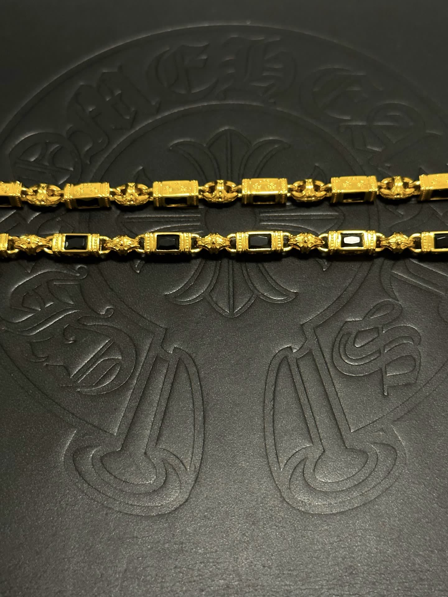 Chrome Hearts Gold Cross Pendant Necklace with Black Stones